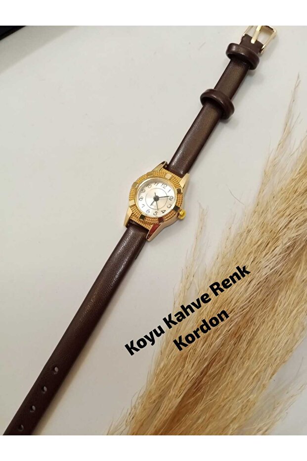 Minimal Design Gold Round Case - Dark Brown Color - Women's Wristwatch