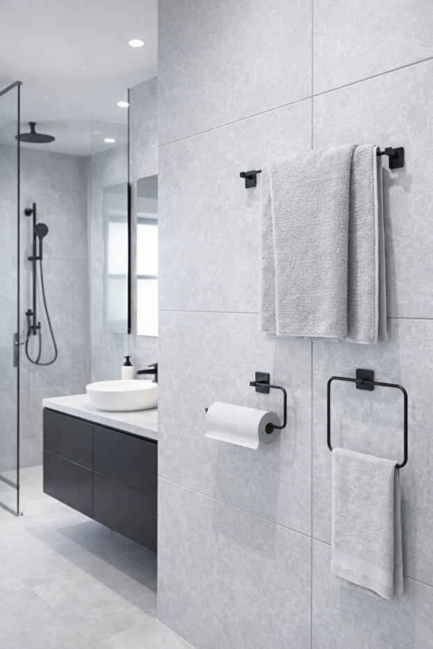 Jasmin Adhesive Black Square 3-Piece Bathroom Set | Long Towel Holder, Ring Towel Holder, Solo Towel Holder