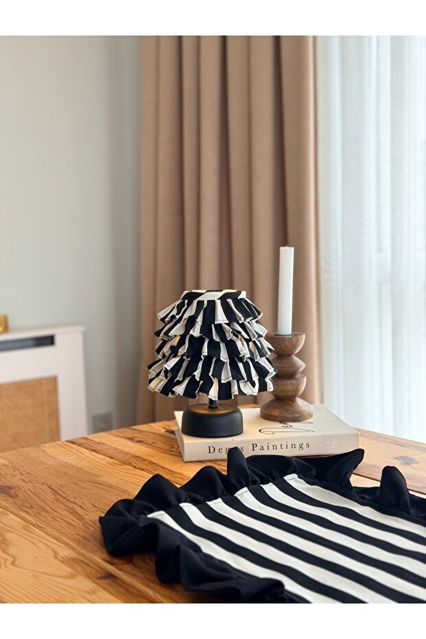 Stripe Linen Ruffled Cordless Table Lamp / Matte Black Base