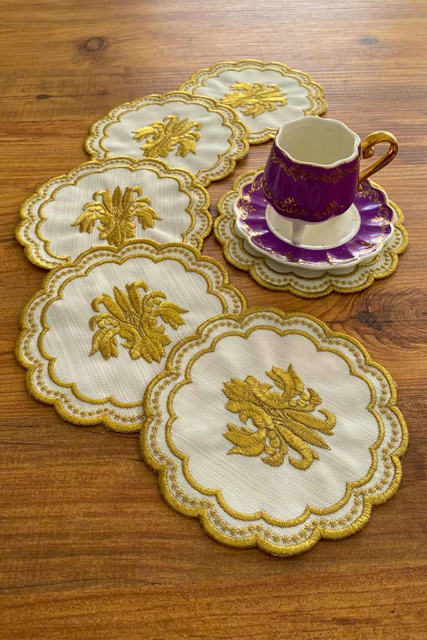 Lalegül 6-Piece Special Embroidered Linen Coffee Serving Napkin, Coffee Cocktail Napkin-Gold
