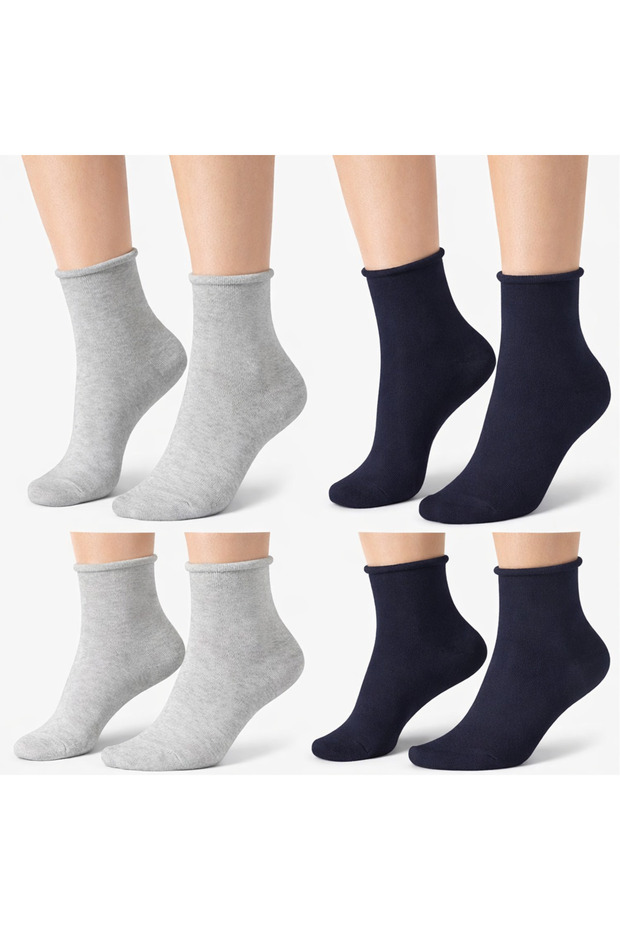 4 Pairs of Extra Comfortable Roll Top Organic Cotton Pack Gray Navy Blue Women's Socks