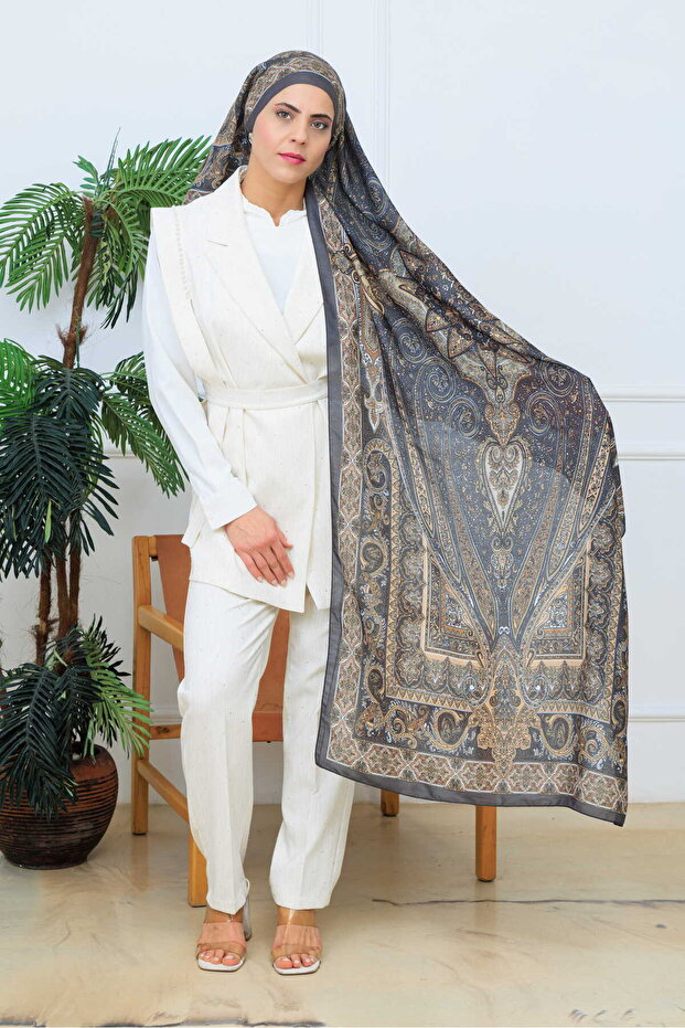 Retro Ethnic Pattern Cotton Shawl Anthracite Mustard (70X180Cm)