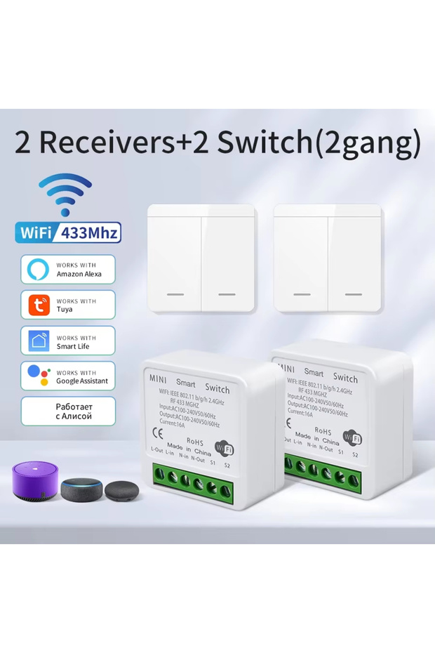 مفتاح إضاءة لاسلكي 2Receiver 2Switch يعمل مع تويا سمارت لايف، مفتاح واي فاي بتردد 433 ميجاهرتز، 1/2/3 أزرار