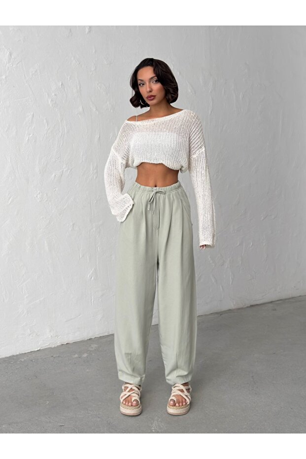 Women's Khaki Linen Textured Balloon Pants
