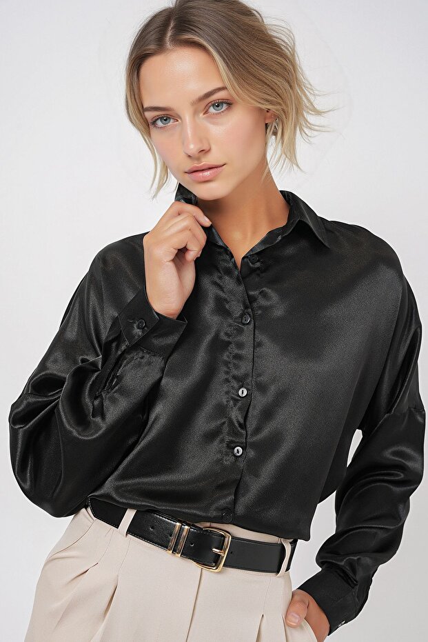 BDART Düğmeli Oversize Saten Gömlek - 2