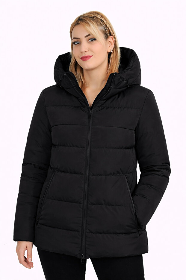 Women's Black Hooded Lined Waterproof Wind-Resistant Puffer Coat & Overcoat & Parka