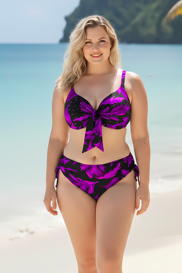 Women's Black Purple Stone Embroidered Plus Size Bikini Set Hzl25S-Lc3337