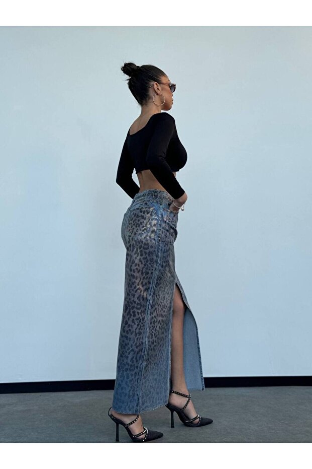 Leopard Patterned Slit Maxi Denim Skirt - 3