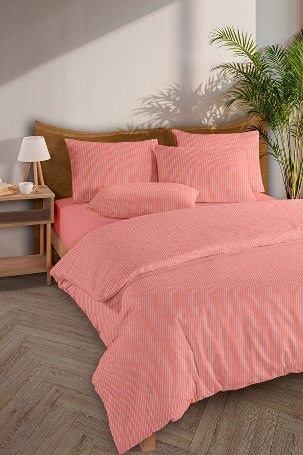 Line 100% Cotton Ranforce Akay Red Yarn Dyed Duvet Cover Set Single Size - 160X220 cm