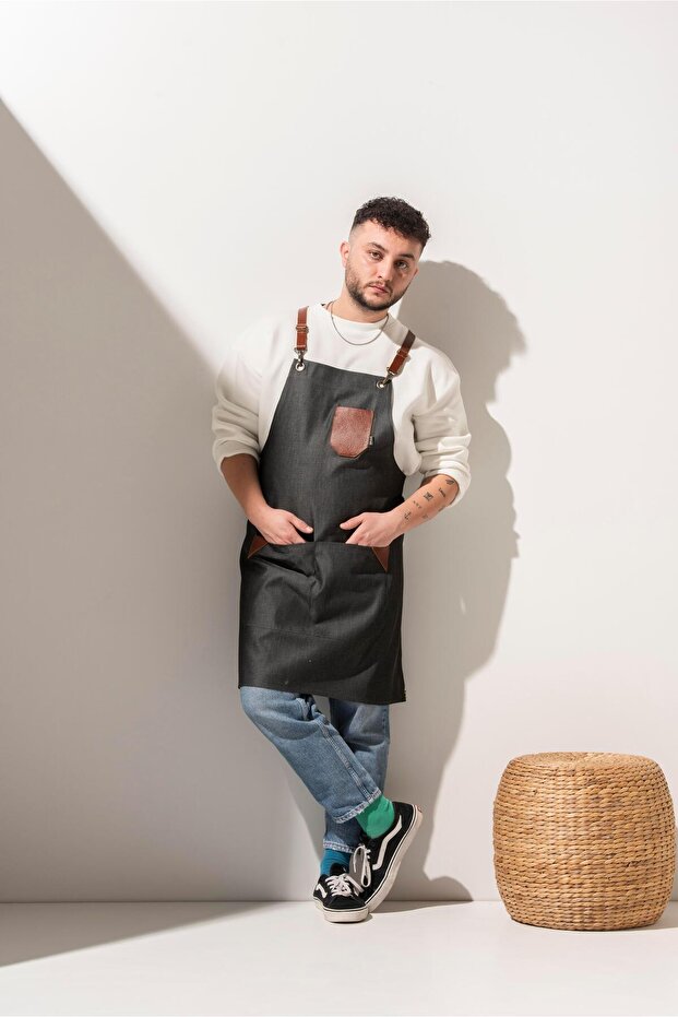 D-140 Jolie - Gray Cinnamon Color Leather Detailed Cross Strap Denim Apron