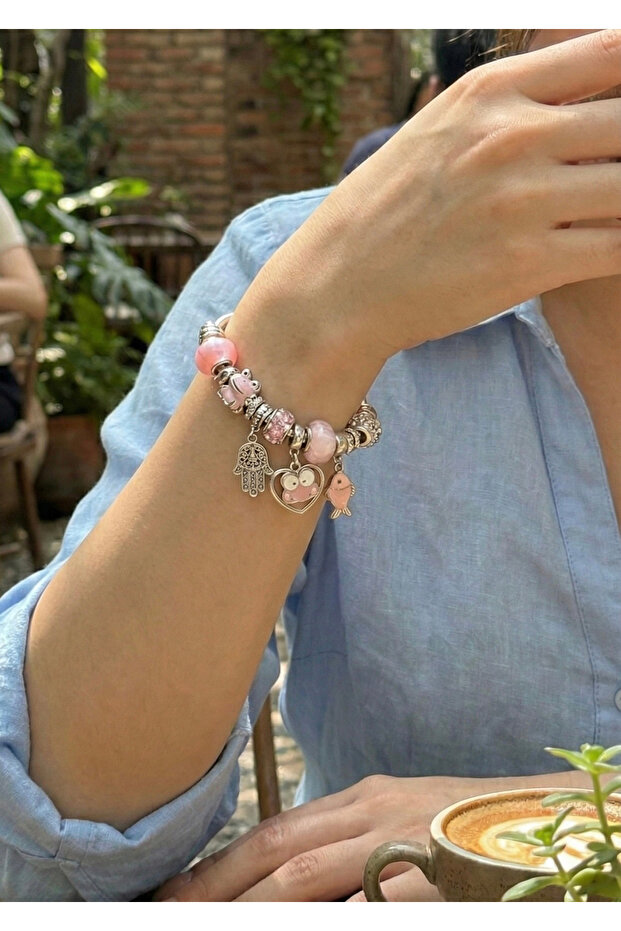 Women's Silver Pink Fatma Ana Hand, Heart, Daisy, Frog & Fish Charm Bracelet - Mix Model