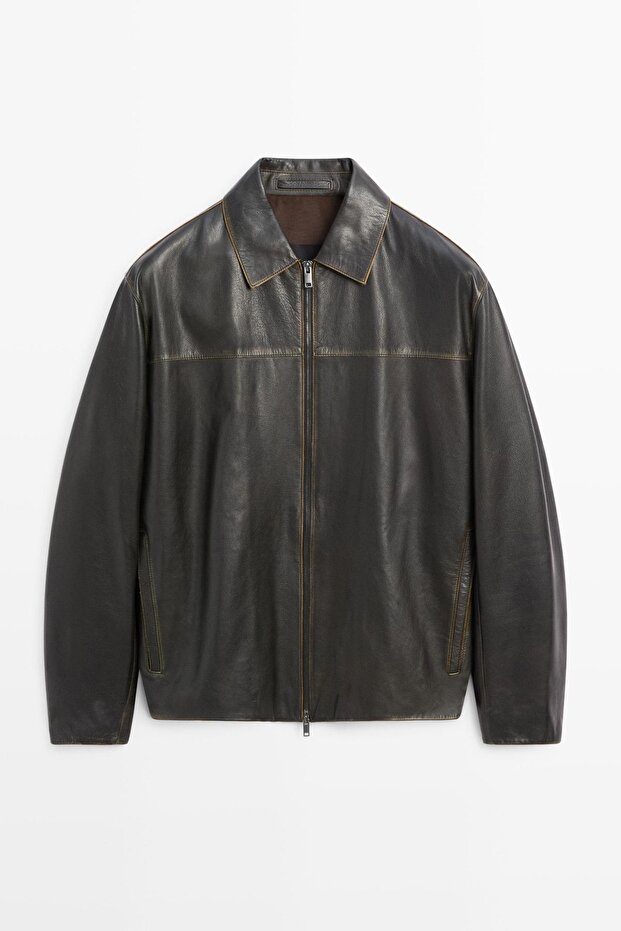 Distressed görünümlü deri ceket - 5