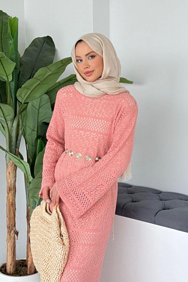 Ajur Örme Elbise Pembe - 4