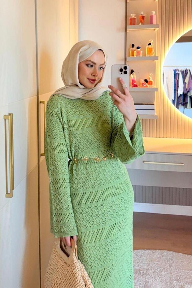 Ajur Örme Elbise Yeşil - 2