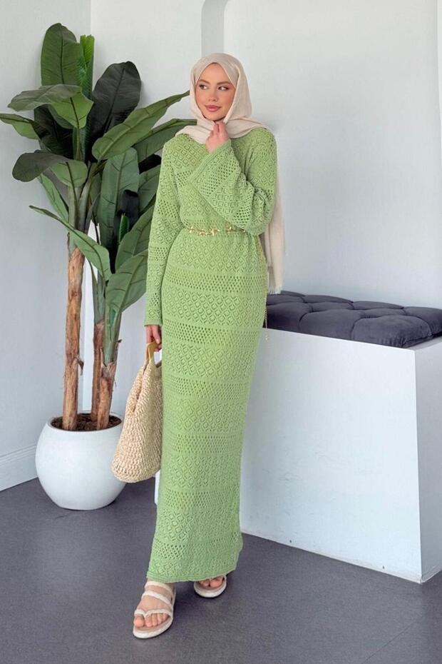 Ajur Örme Elbise Yeşil - 3