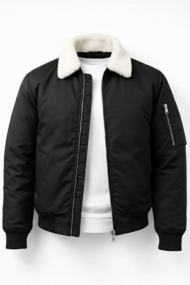 Unisex Black Plush White Collar Oversize Bomber Jacket College Jacket