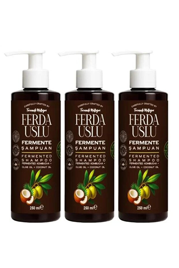 Kombucha Extract Fermented Shampoo -3 Pieces- Organic Olive Oil + Coconut Oil + Vitamin E 250 ml