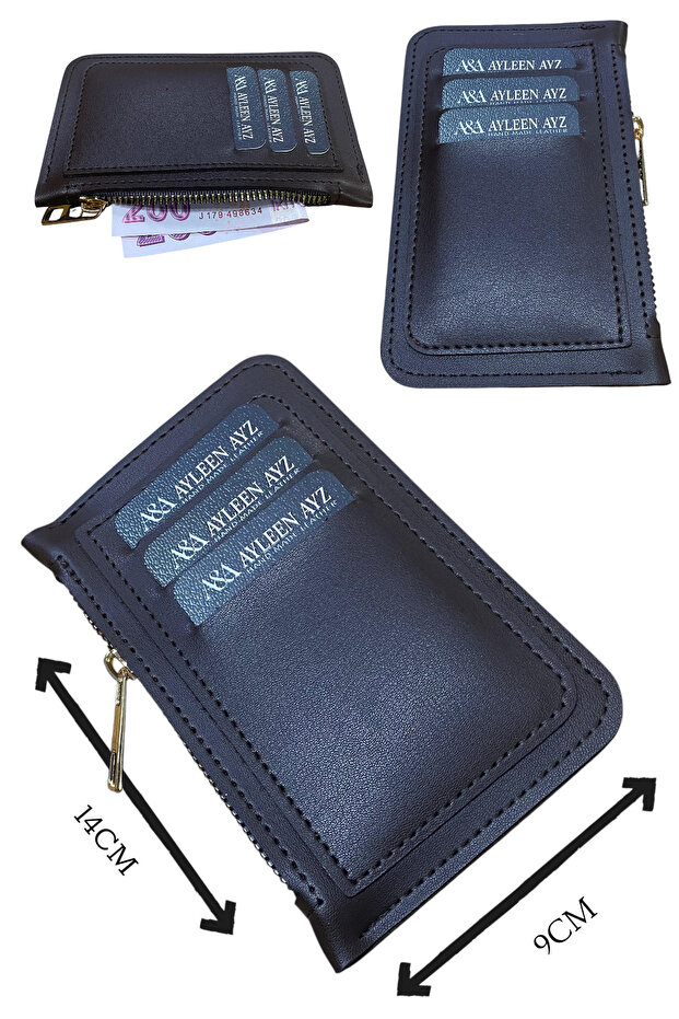 Faux Leather Card Holder Wallet with 6 Card Slots and Zippered Money Compartment (Dark Brown)