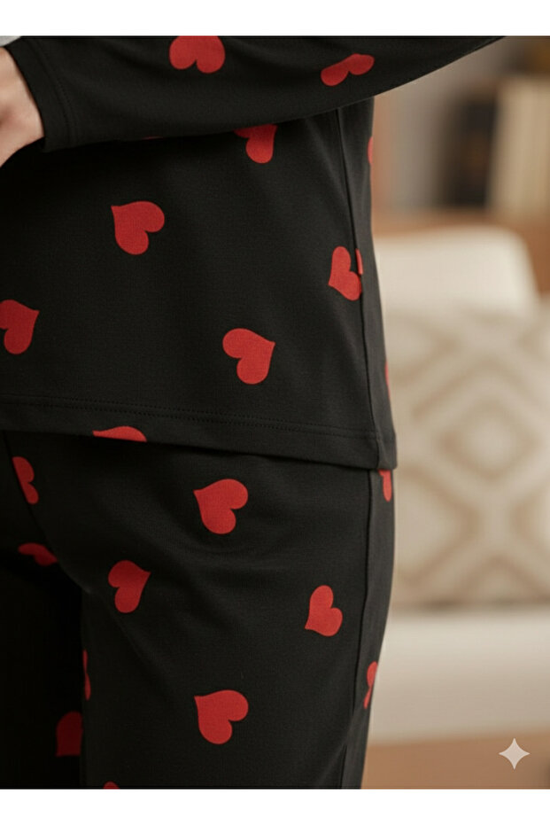 Heart Patterned Suede Pajama Set - 3