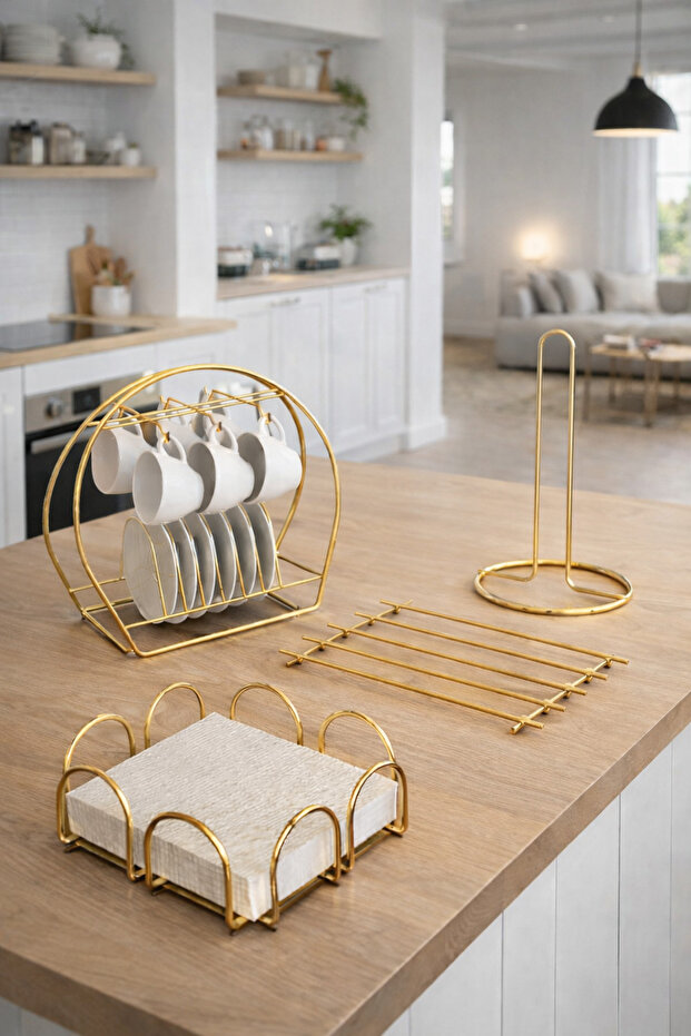 Service Presentation Set Towel Napkin Holder Trivet Cup Hanger Gold Gold Stainless Kitchen Dowry Set of 4