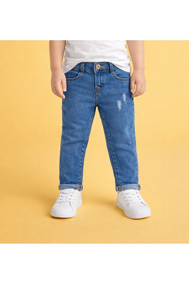 Kids Denim Jeans with Distressing Detail and Adjustable Elastic Waist