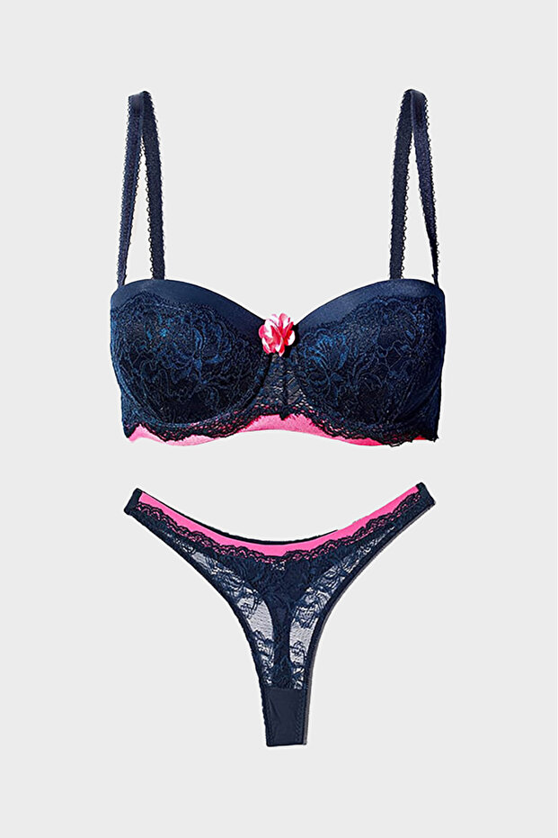 Navy Blue Pink Lace Support Strapless Bra String Set - 2