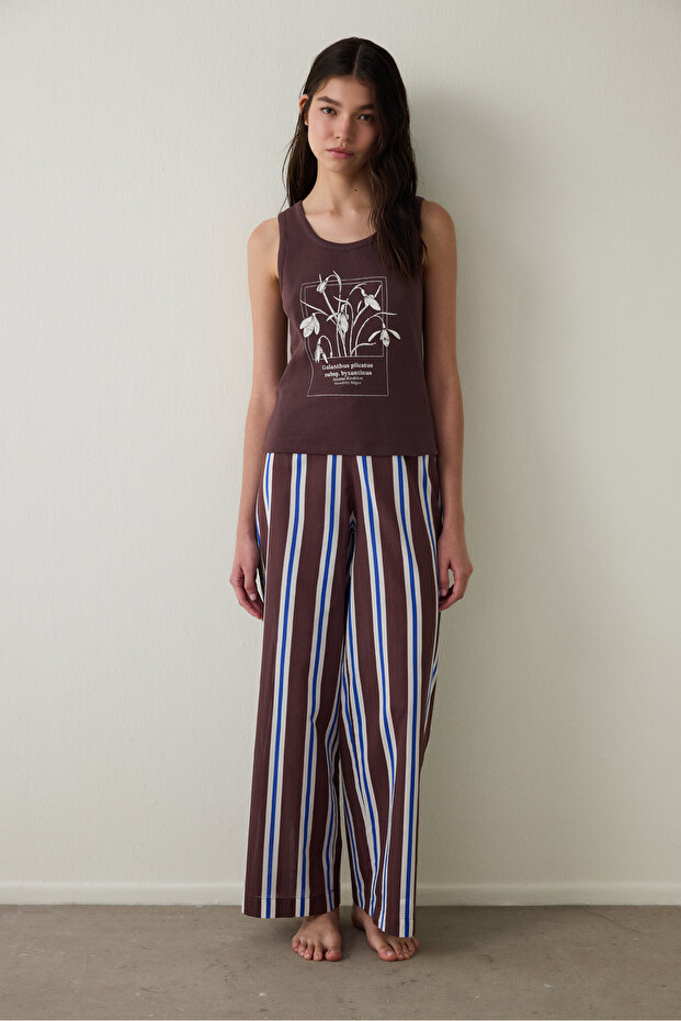 Brown Istanbul Snowdrop Striped Crew Neck Strap Cotton Pajama Set - Inspired by Flora