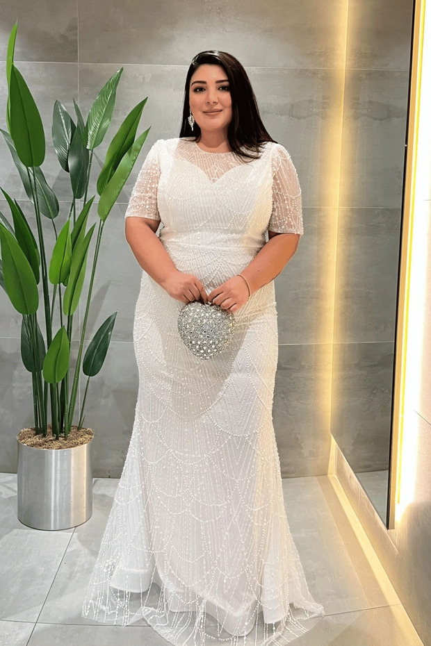 Full Beaded Fabric Design Dress - White