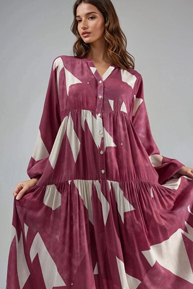 Baskılı Uzun Kol Viskon Modest Elbise - 6