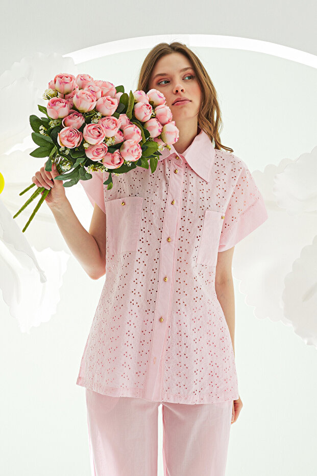 Pink Hole Front Buttoned Pajama Set - 5