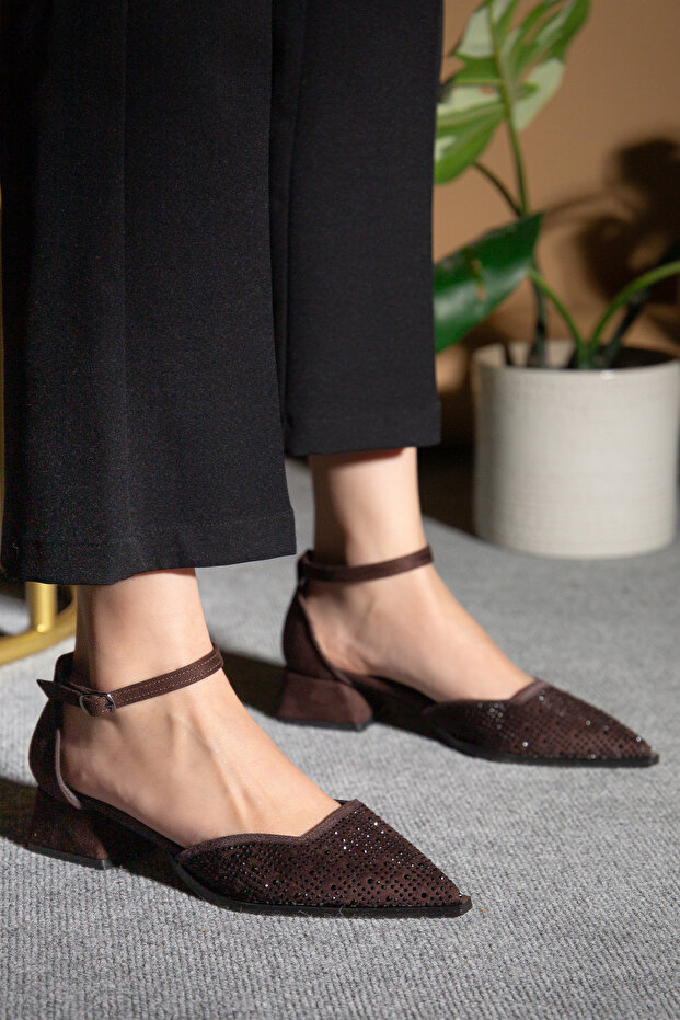 Women's burnt brown shiny stone suede fabric low heel shoes