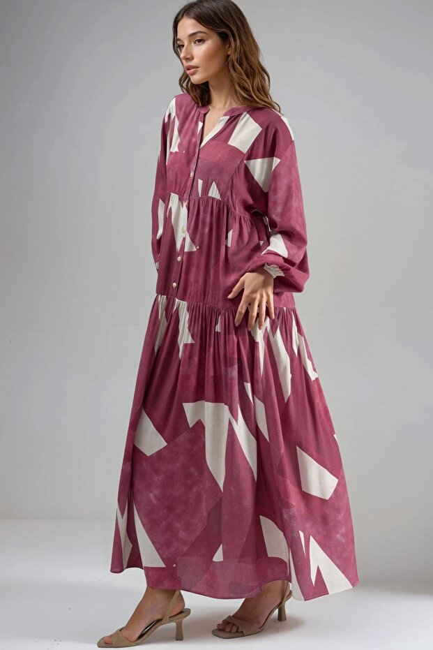 Baskılı Uzun Kol Viskon Modest Elbise - 4