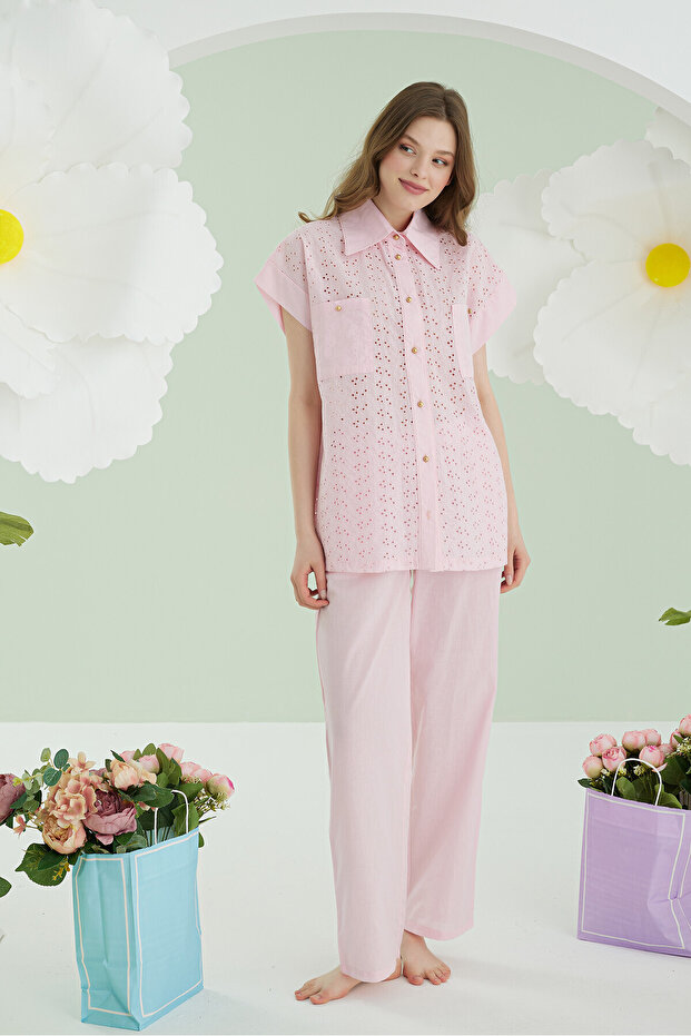 Pink Hole Front Buttoned Pajama Set - 2