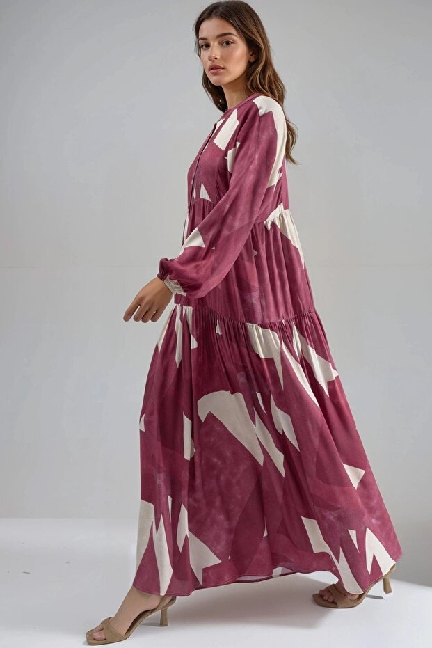 Baskılı Uzun Kol Viskon Modest Elbise - 5