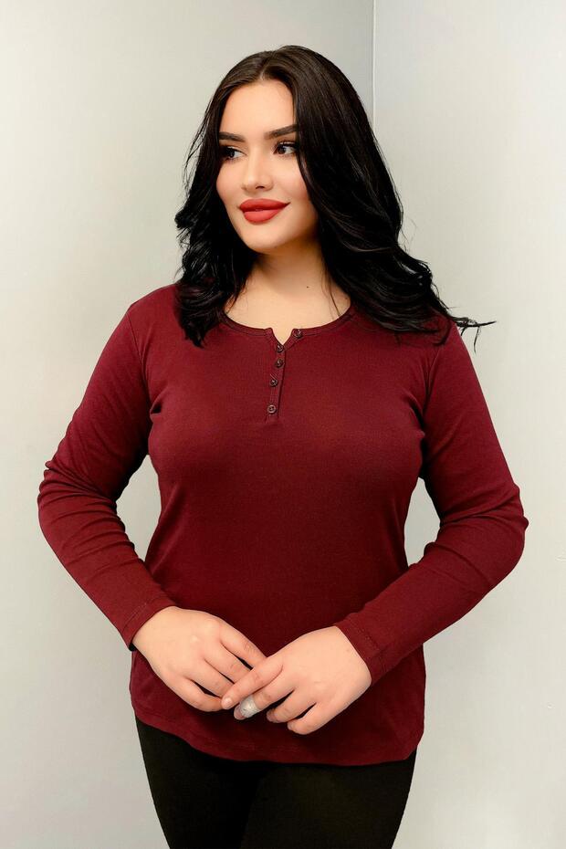 Plus Size Button Detailed Cotton Blouse Cherry