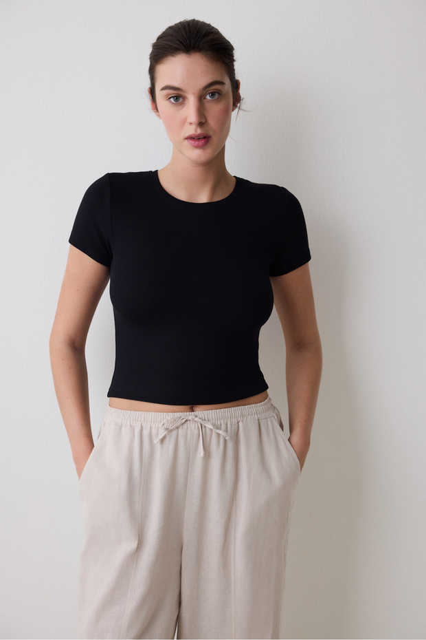 Crew Neck Basic Siyah Tişört - 2