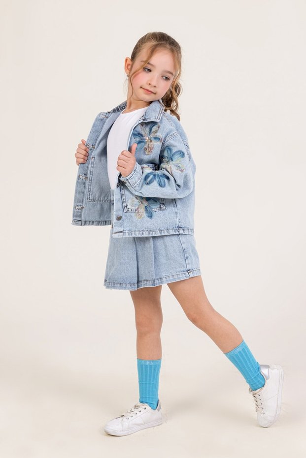 Floral Detailed Denim Jacket and Denim Shorts Skirt Set, Holiday and Casual Girls' Set