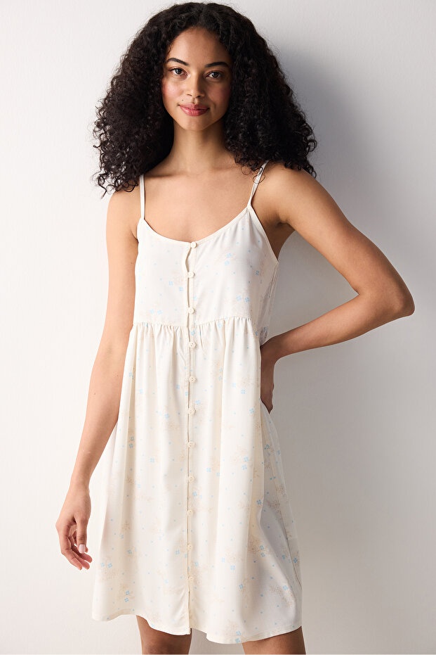 Floral Buttoned Beyaz Elbise - 1