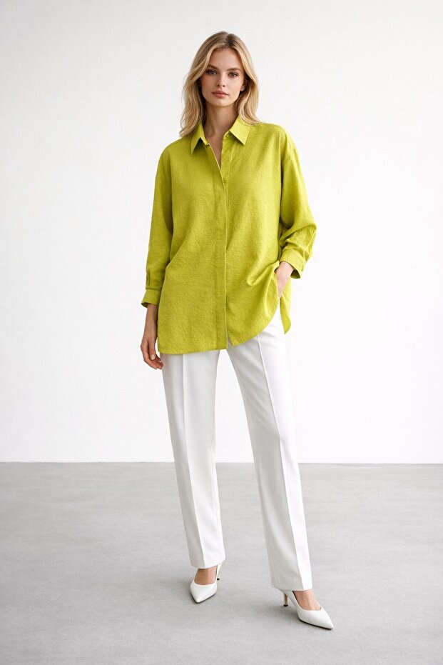 3001 Oversize Basic Lime Renk Gömlek - 1