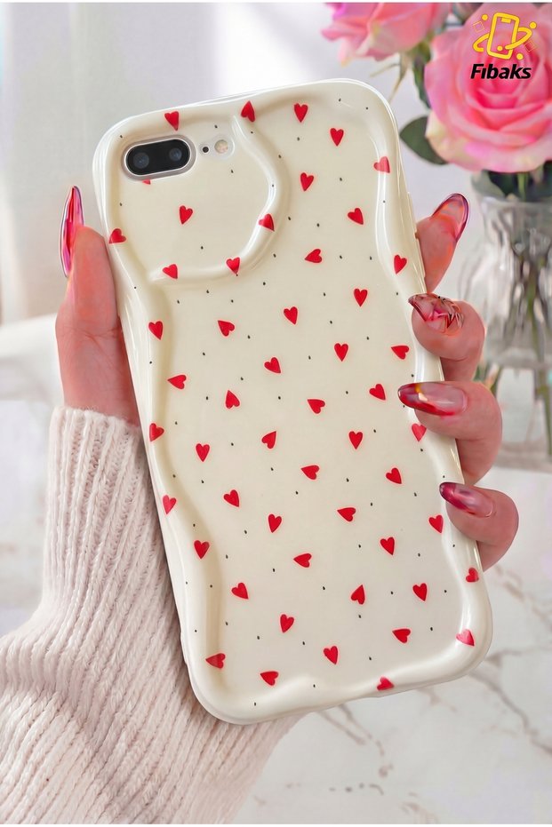 iPhone 7 Plus/8 Plus Case Camera Protected Wave Edge Red Heart Pattern Silicone Cover