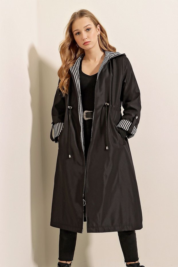 Bdart Hooded Striped Long Trench Coat with Drawstring Waist
