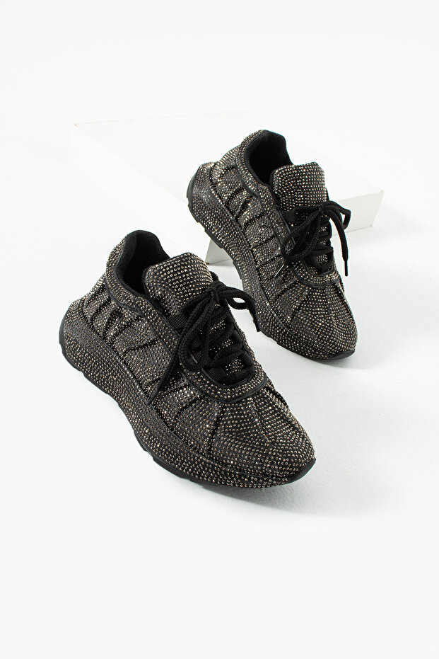 Women's Black Silver Stone Thick Sole Lace-Up Sports Shoes Sneaker Joya