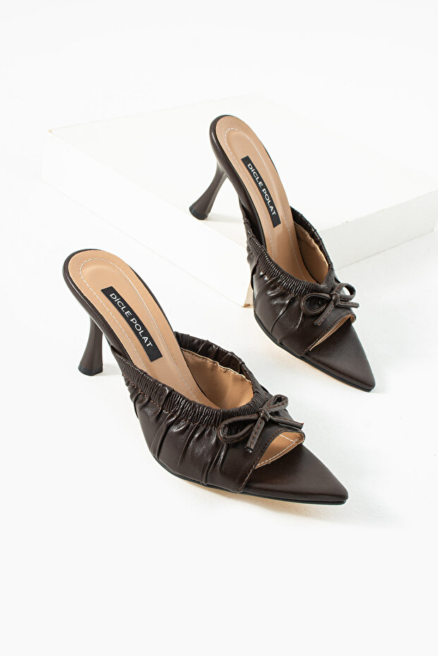 Women's Brown Drawstring Bow Detailed Pointed Toe Stylish Heeled Slippers Lensa