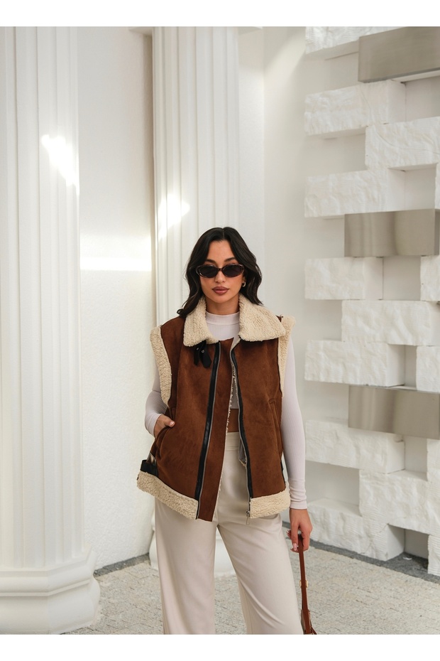 Women's Fur-Lined Suede Leather-Look High-Quality Vest