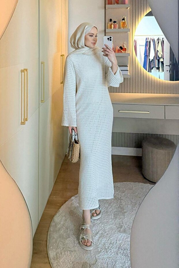 File Ajur Örme Elbise Ekru - 4