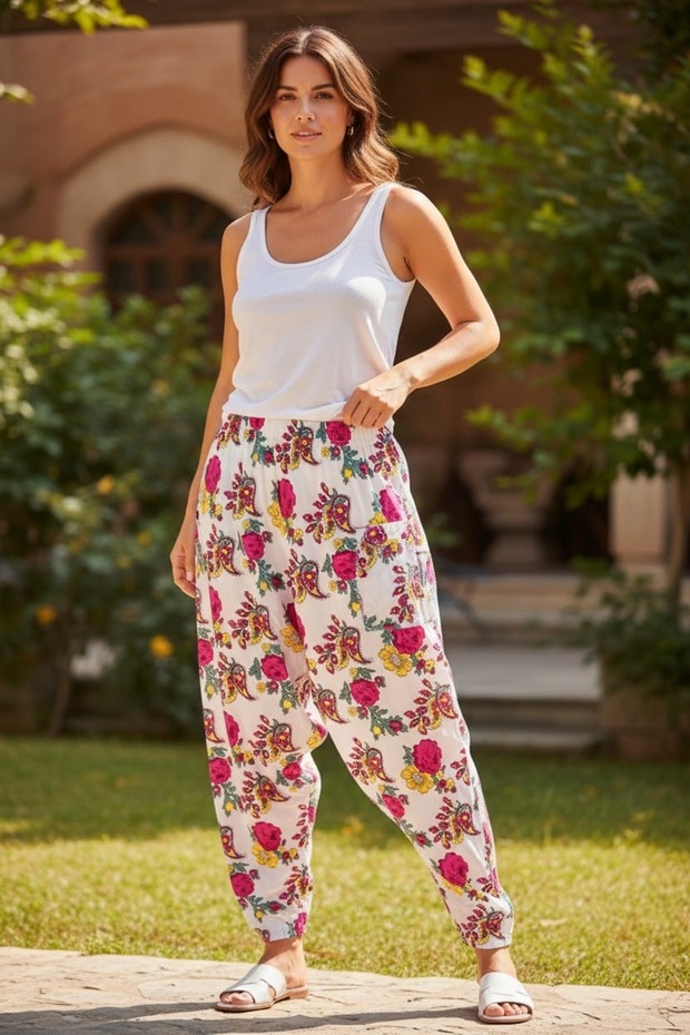 Çiçek Desenli Cepli Şalvar - 1