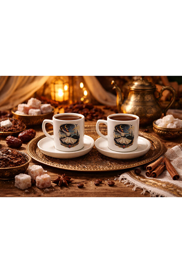 Semazen Printed Porcelain Coffee Set for 2 People (Konya Mevlana Gift Cup)