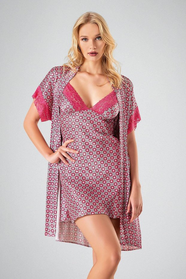 Women'S, Short, Colorful, Floral Patterned, Satin Nightgown Set
