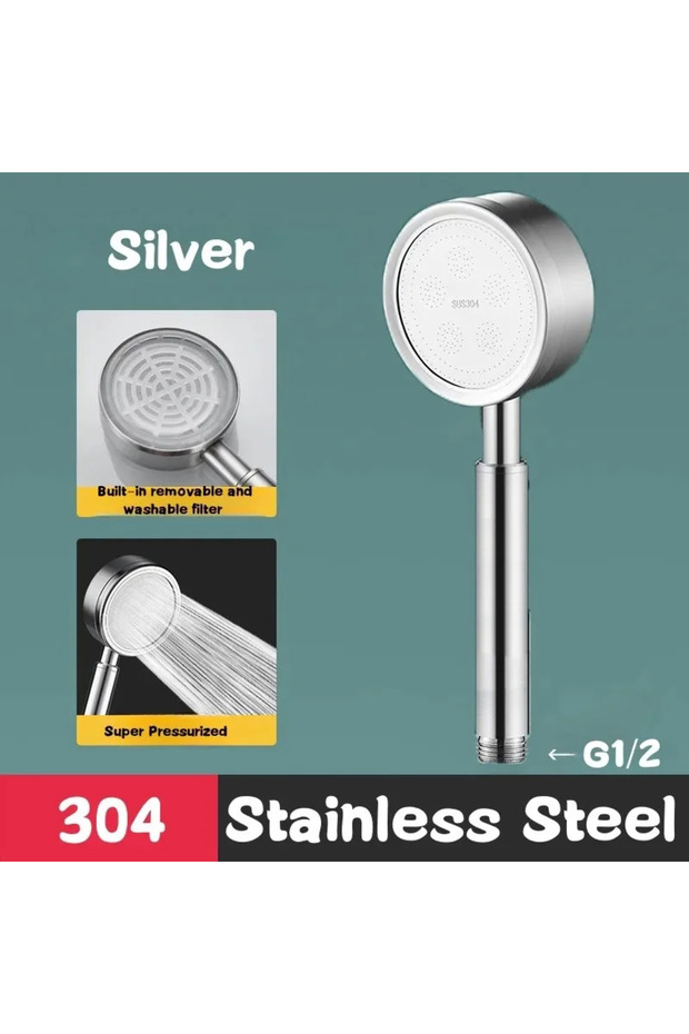 Silver-Shower Head SUS 304 Stainless Steel Bathroom Handheld Shower Head High Pressure Water Saving