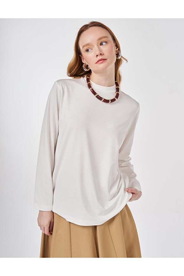 Dik Yaka Örme Bluz Ekru - 1